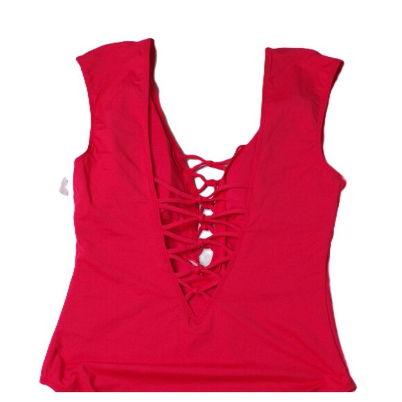 🆕 Bleu Rod Beattie Hole in One Cap Sleeve Lace Up One Piece Swimsuit 14 Red - Picture 5 of 6